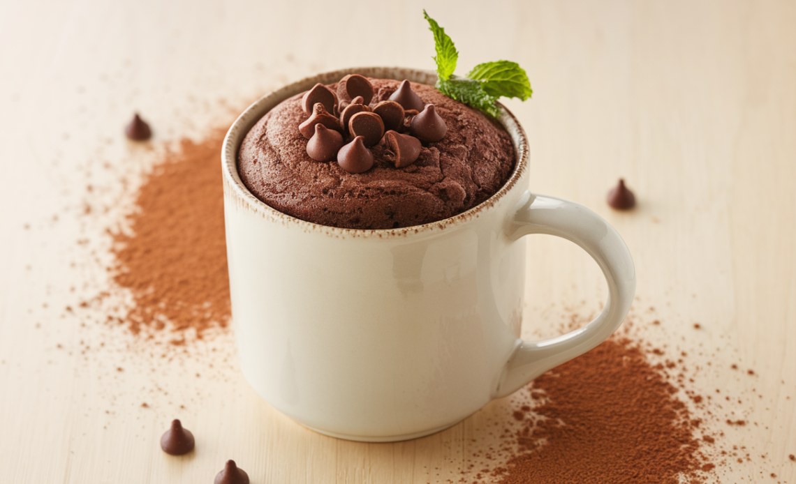 A rich and fudgy 100-calorie chocolate mug cake in a white ceramic mug, topped with a dusting of cocoa powder. This vegan and gluten-free dessert is moist, fluffy, and made with simple, healthy ingredients.