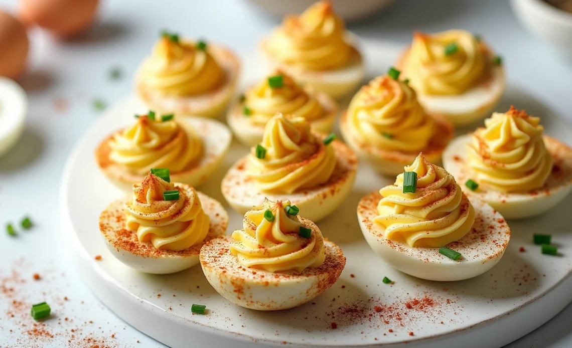 A plate of crispy, golden-brown air fryer deviled eggs topped with paprika and fresh herbs.