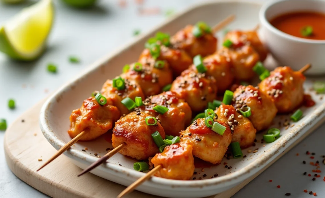 Juicy Bang Bang Chicken Skewers drizzled with a creamy, spicy sauce and garnished with fresh herbs, served on a rustic platter.