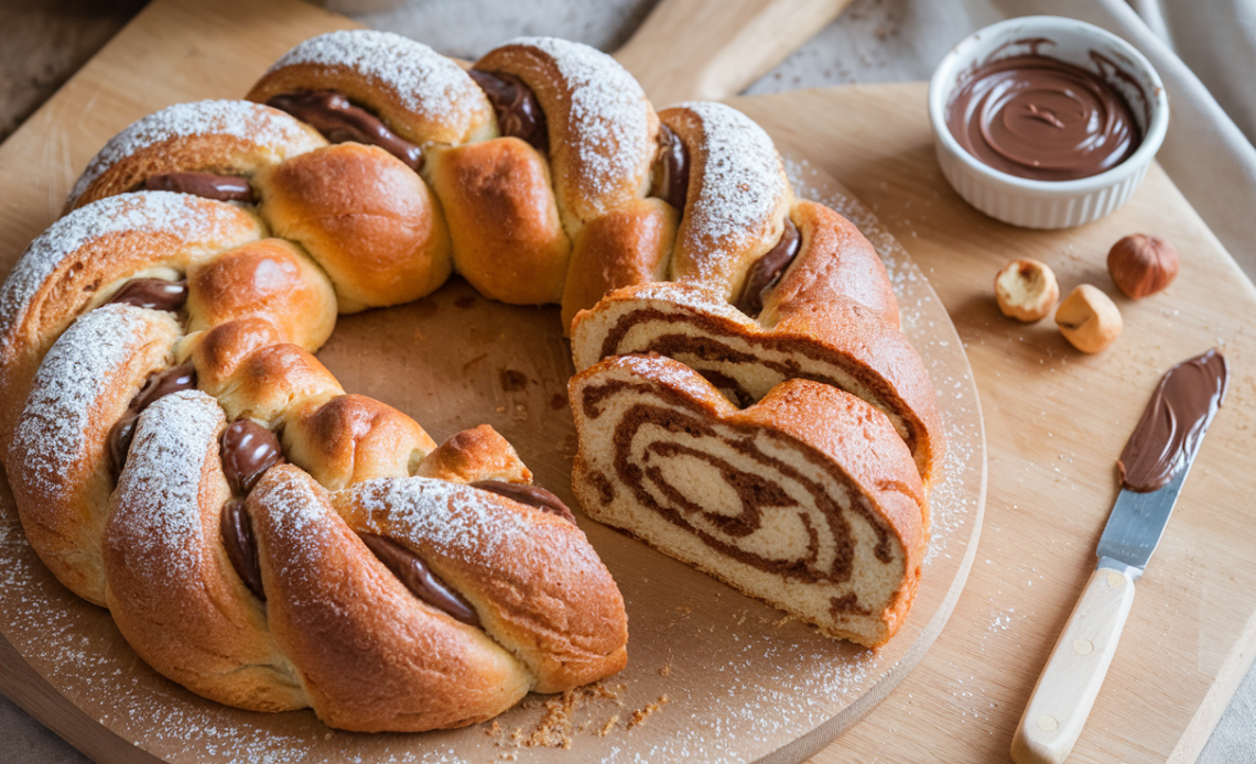 A freshly baked braided Nutella bread with a golden-brown crust, swirled with rich, creamy chocolate-hazelnut spread, placed on a wooden cutting board.