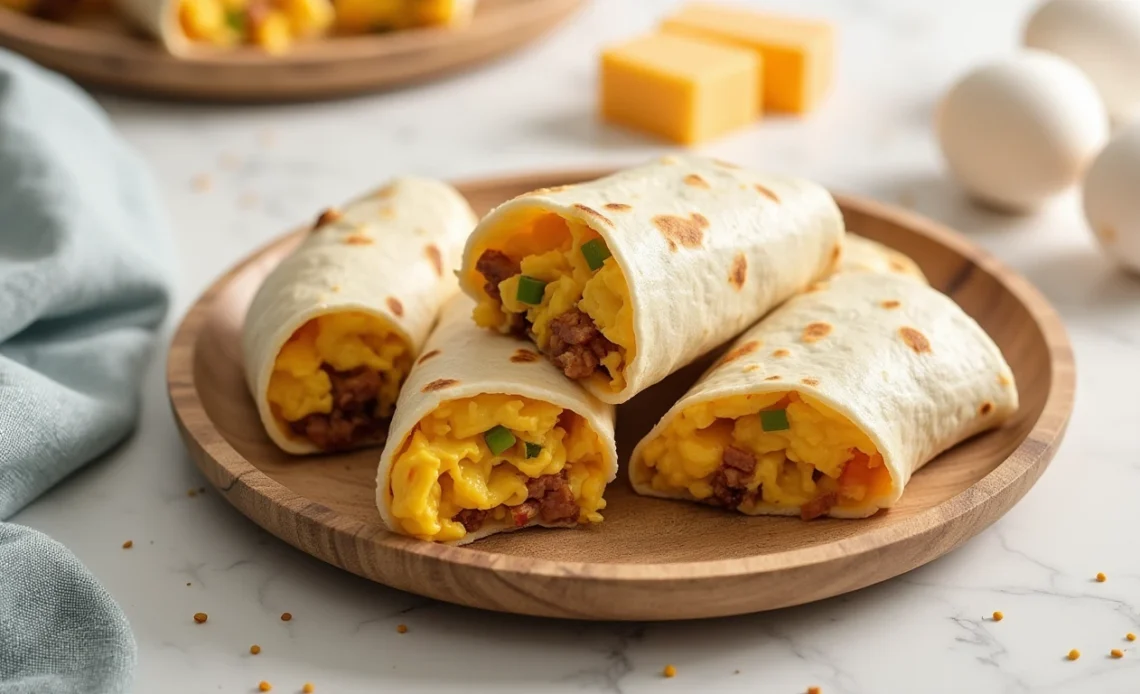 A hearty breakfast egg burrito filled with scrambled eggs, cheese, and vegetables, wrapped in a soft tortilla and ready to eat.