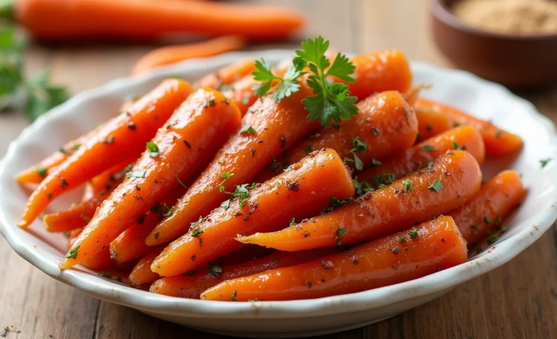 Close-up of perfectly caramelized brown sugar carrots garnished with fresh parsley in a skillet.