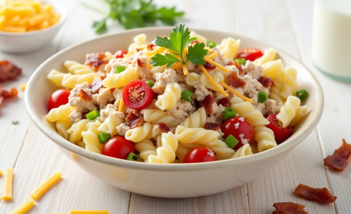 A creamy Chicken Bacon Ranch Pasta Salad served in a bowl, featuring tender chicken, crispy bacon, rotini pasta, and fresh vegetables coated in a rich ranch dressing.