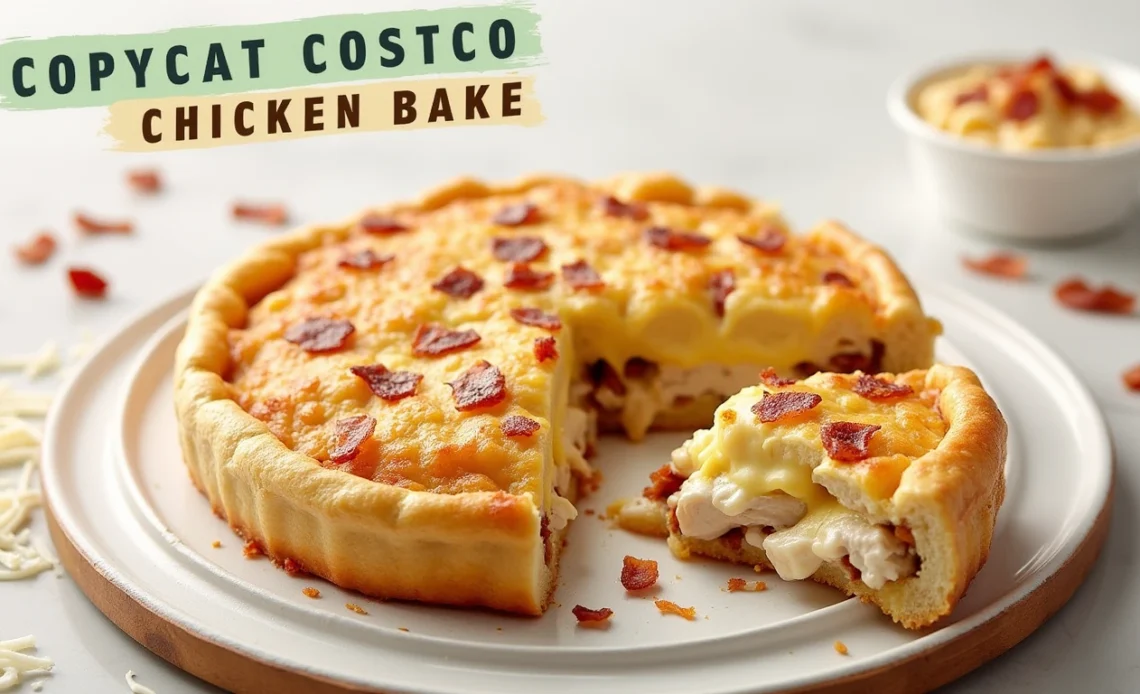 A golden-brown, crispy Copycat Costco Chicken Bake filled with seasoned chicken, bacon, cheese, and creamy dressing, served on a wooden cutting board.