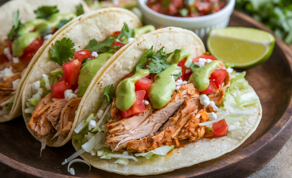 Shredded crockpot chicken tacos with fresh toppings in soft tortillas, served on a wooden plate.