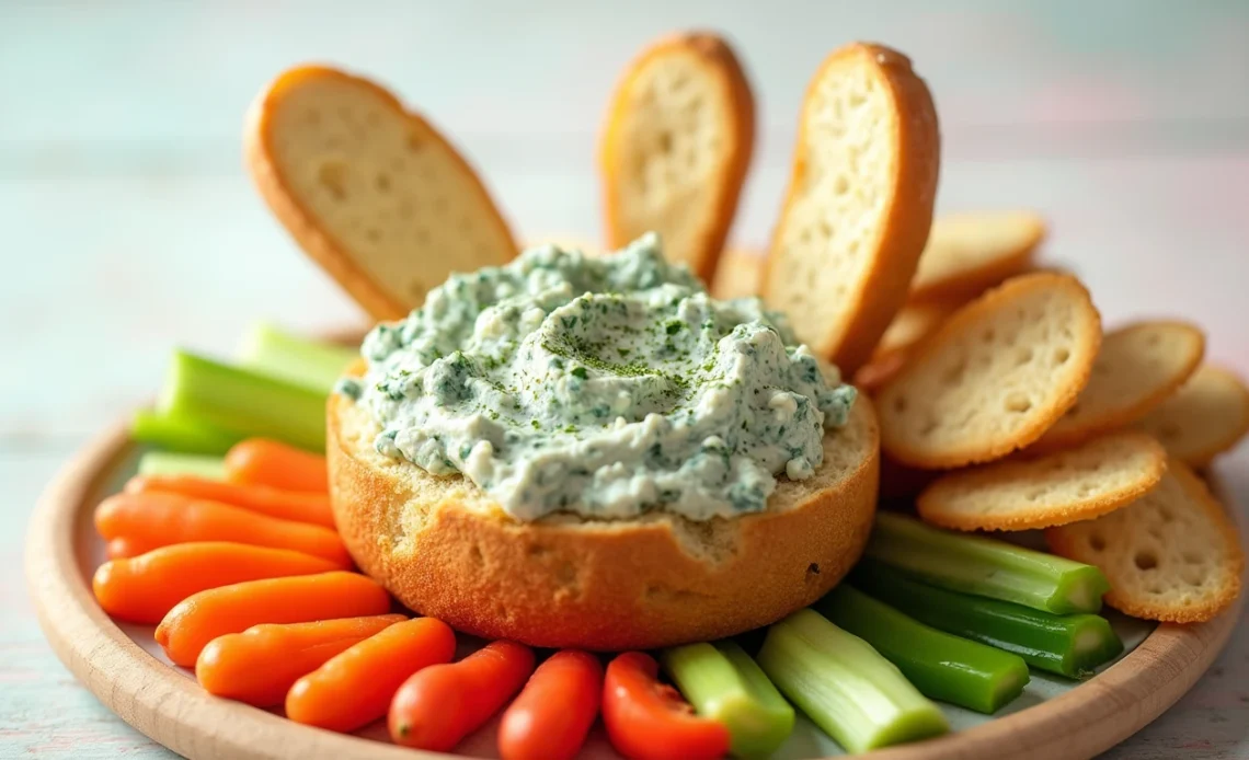 A festive Easter Bunny-shaped bread bowl filled with creamy spinach dip, surrounded by fresh vegetables and crackers for dipping.