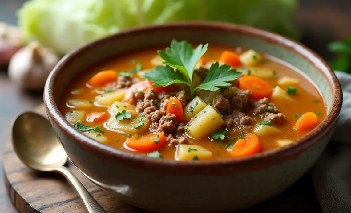 A steaming bowl of keto cabbage soup with fresh cabbage, ground beef, and tomatoes in a rich broth, garnished with parsley.