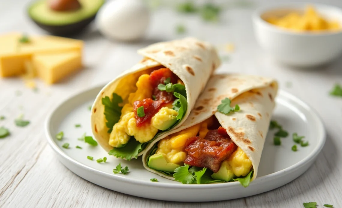 A delicious and easy tortilla breakfast wrap filled with scrambled eggs, melted cheese, crispy bacon, and fresh avocado, served on a wooden plate.