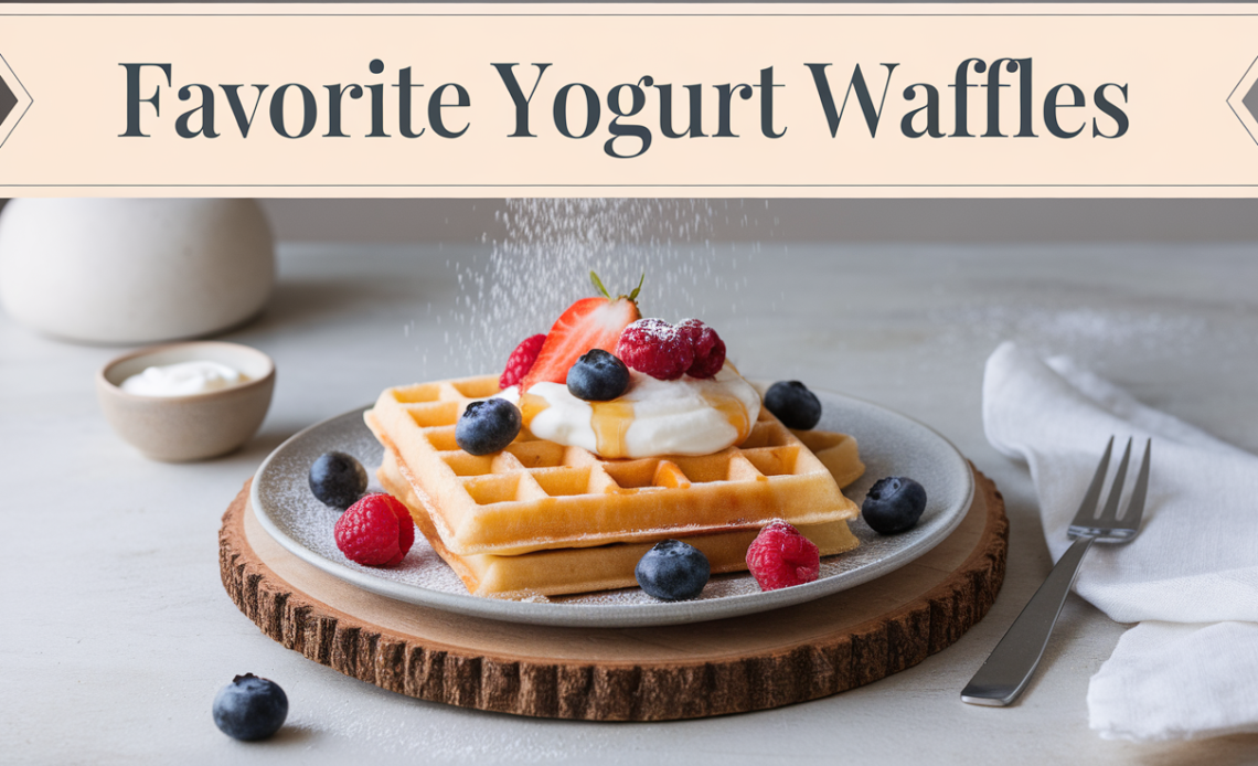 A stack of golden-brown yogurt waffles topped with fresh berries, drizzled with maple syrup, and dusted with powdered sugar.