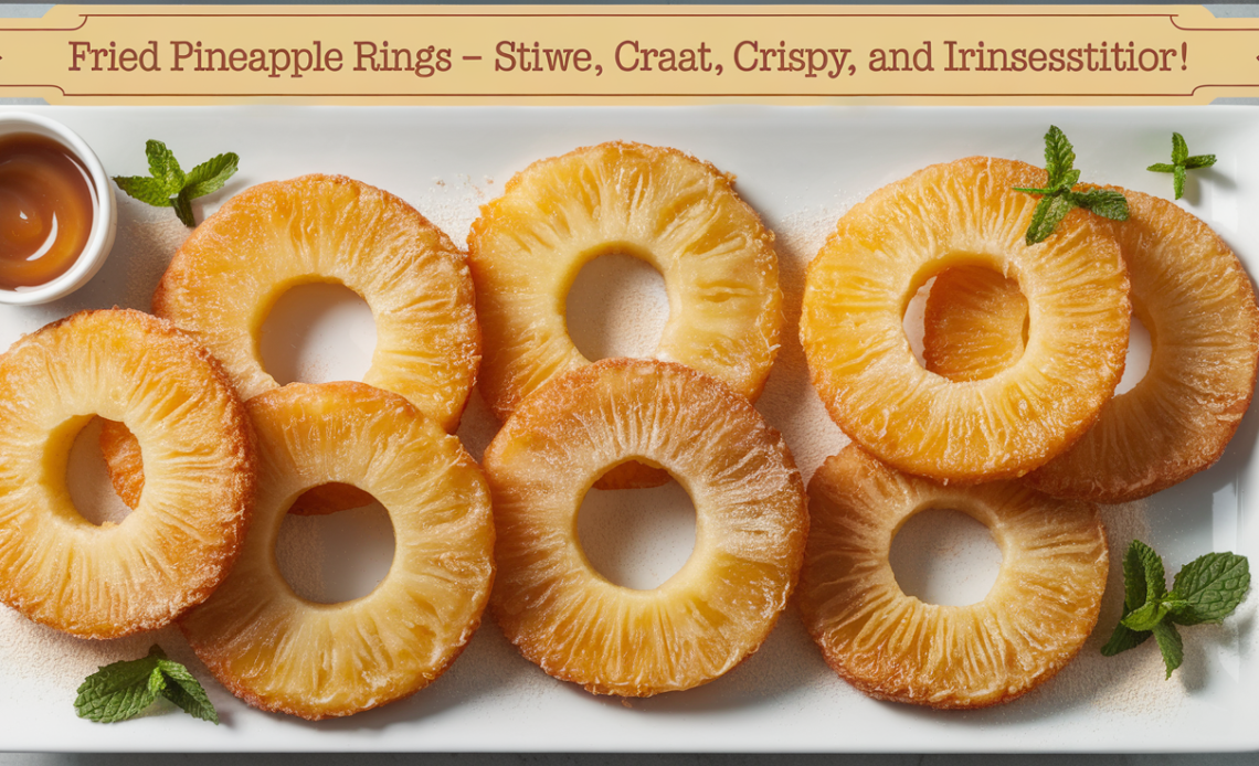 Golden-brown fried pineapple rings with a crispy, caramelized coating, served on a plate with a drizzle of honey and a sprinkle of cinnamon.