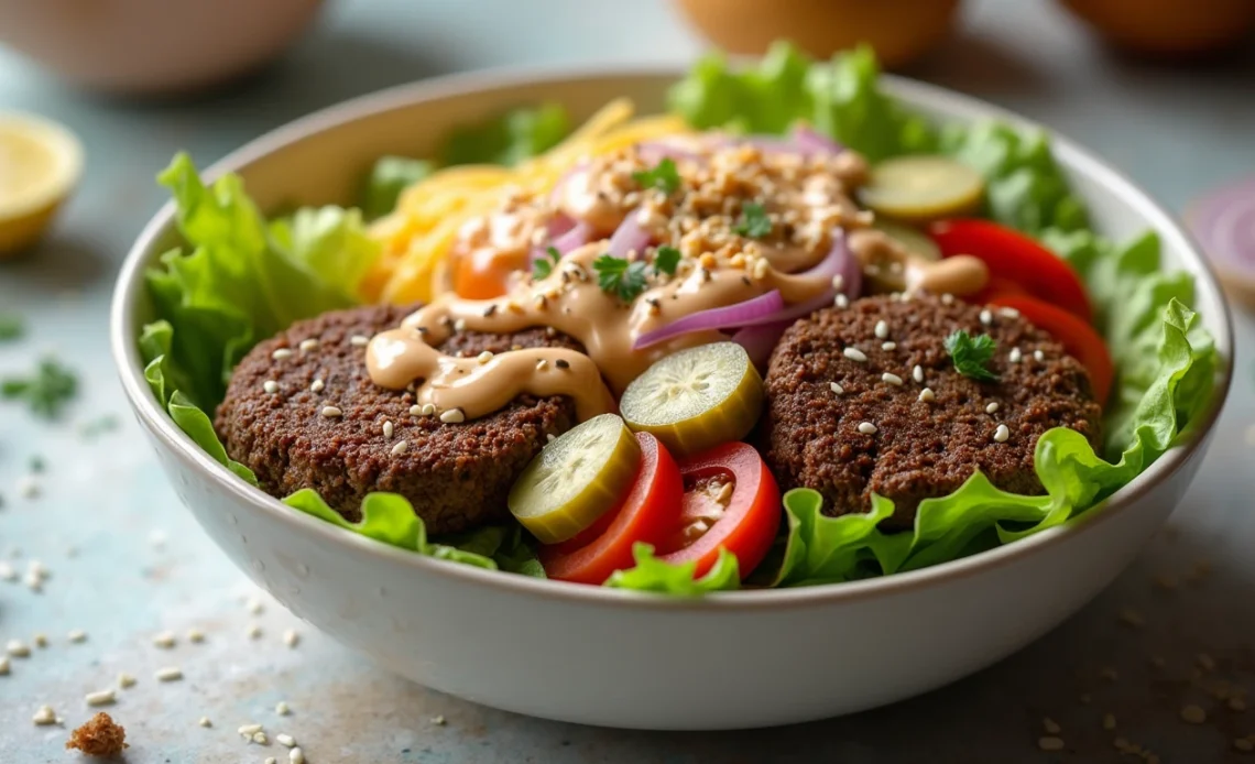 A fully loaded burger bowl with juicy grilled beef patties, fresh lettuce, cherry tomatoes, pickles, red onions, crispy bacon, shredded cheese, and a drizzle of creamy special sauce.