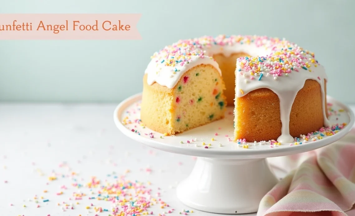 A light and fluffy Funfetti Angel Food Cake topped with colorful sprinkles and a dusting of powdered sugar, served on a white cake stand.