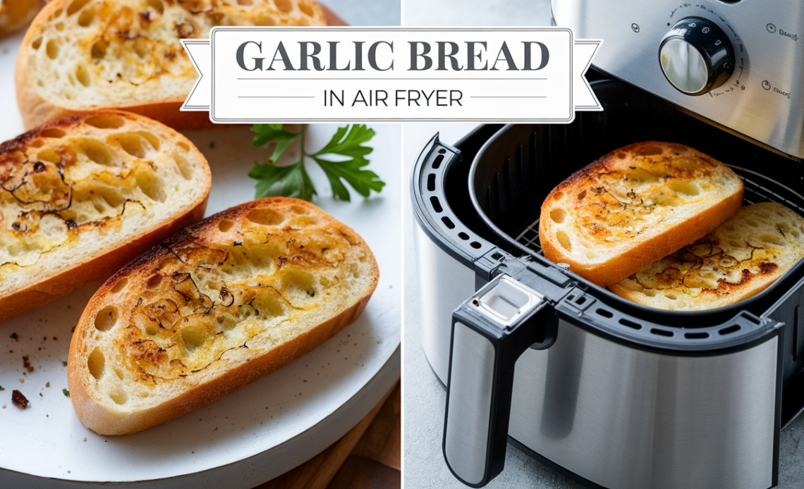 Golden, crispy garlic bread slices in an air fryer basket, topped with melted butter and fresh parsley.