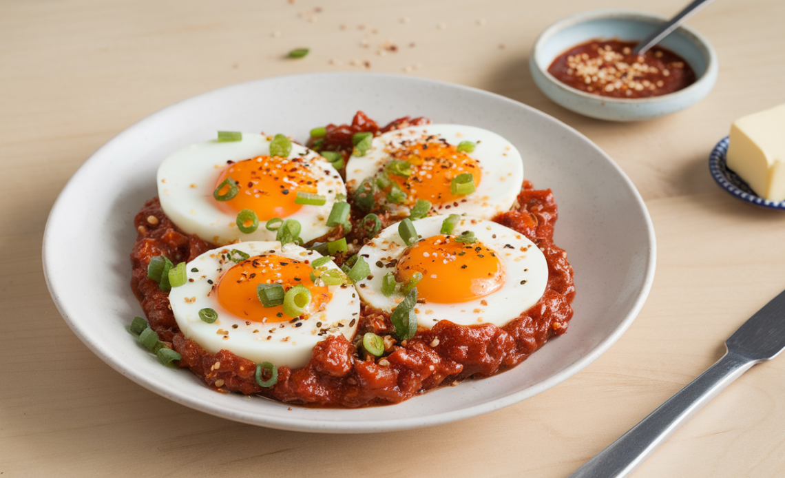 A plate of gochujang butter eggs with runny yolks, garnished with sesame seeds and green onions, served with crispy toast.