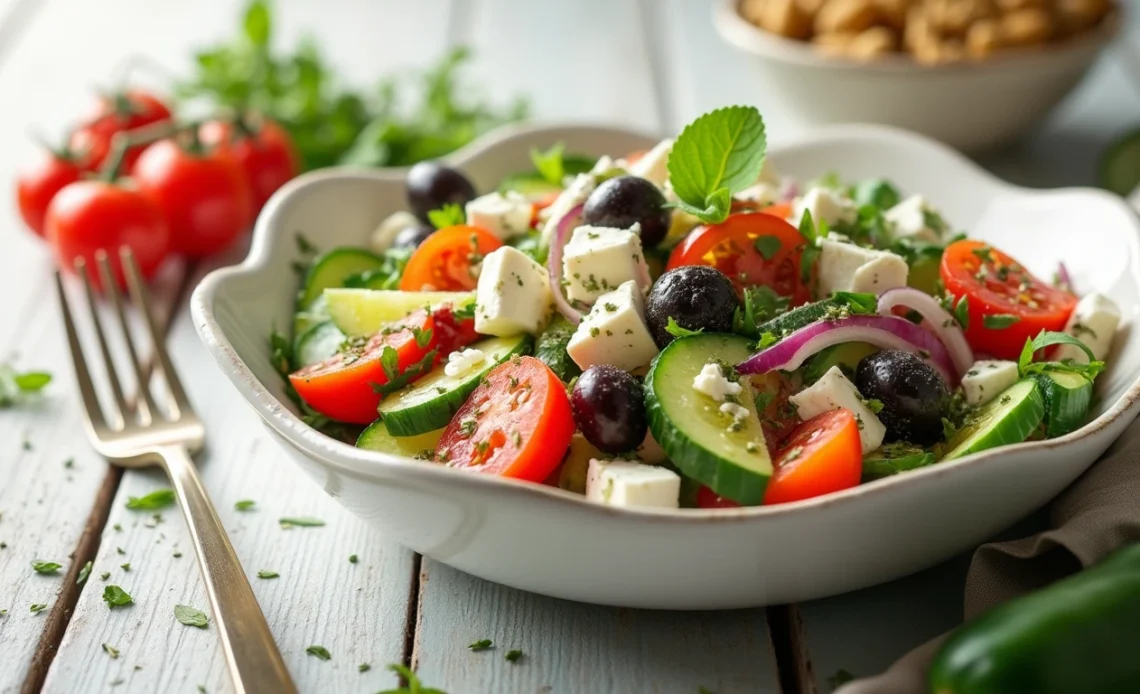 A vibrant Greek salad with fresh tomatoes, cucumbers, red onions, Kalamata olives, feta cheese, and a drizzle of olive oil, served in a white bowl.