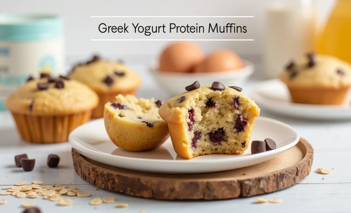 Freshly baked Greek yogurt protein muffins with a golden-brown top, stacked on a wooden tray, showcasing their moist and fluffy texture.