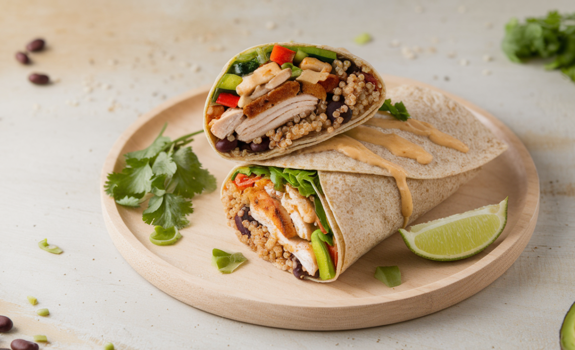 A delicious and nutritious high-protein burrito filled with lean chicken, black beans, quinoa, fresh vegetables, and avocado, wrapped in a whole wheat tortilla.