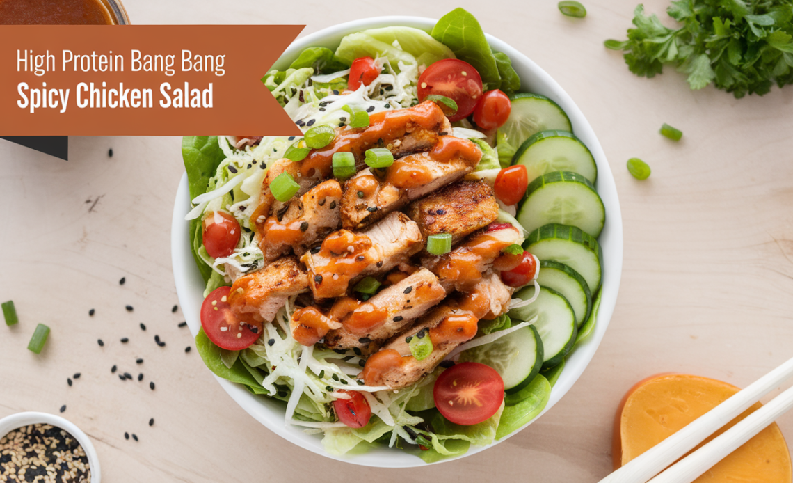 A bowl of High Protein Bang Bang Spicy Chicken Salad, featuring crispy seasoned chicken, fresh greens, crunchy vegetables, and a drizzle of creamy, spicy Bang Bang sauce.