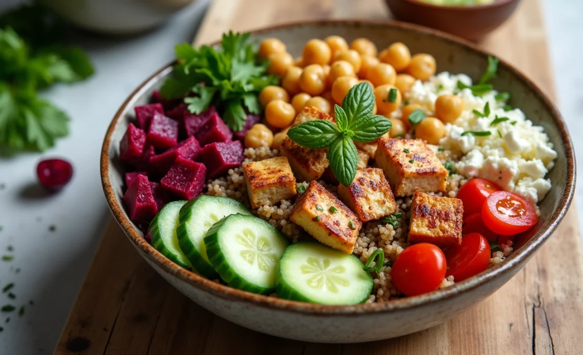 A vibrant High-Protein Beetroot Medi Bowl with roasted chickpeas, quinoa, fresh greens, hummus, and a lemon-tahini drizzle, served in a rustic ceramic bowl.