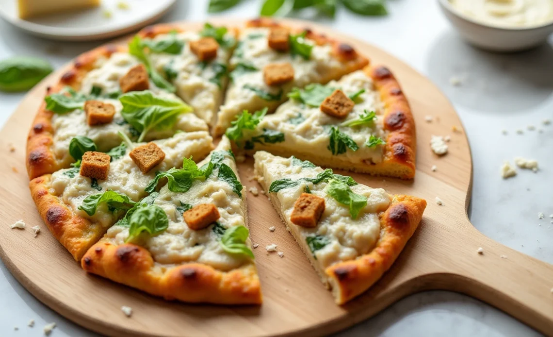 A high-protein chicken Caesar salad pizza with a golden crispy crust, grilled chicken, fresh romaine lettuce, Parmesan cheese, and creamy Caesar dressing.