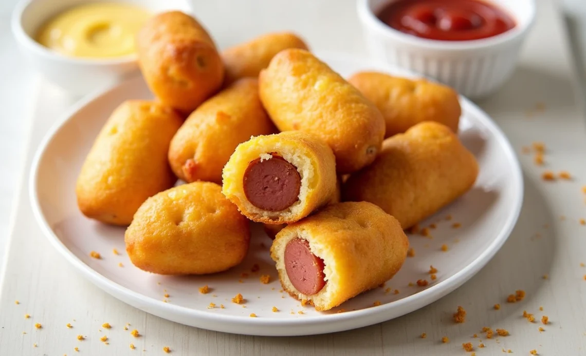 A plate of golden, crispy homemade corn dog bites served with a side of ketchup and mustard.