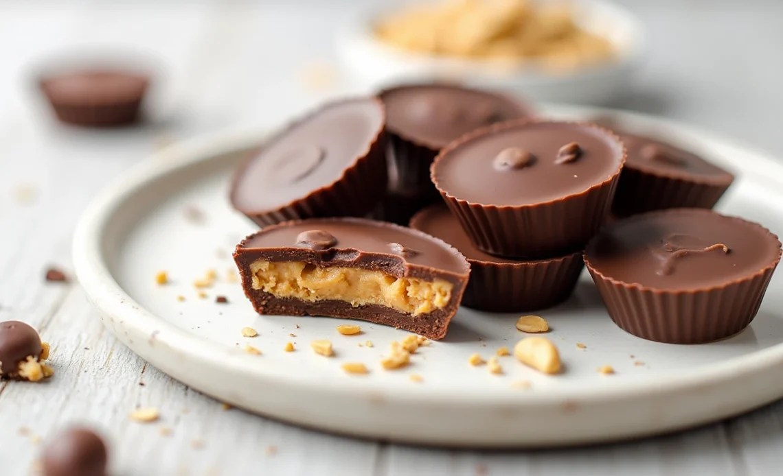 Close-up of homemade peanut butter cups with a rich chocolate shell and creamy peanut butter filling, stacked on a rustic wooden surface.