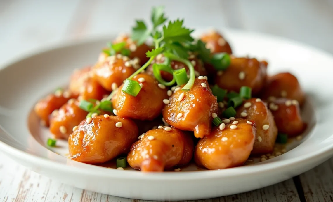 Close-up of crispy honey sesame chicken garnished with sesame seeds and green onions, served with a side of steamed rice.