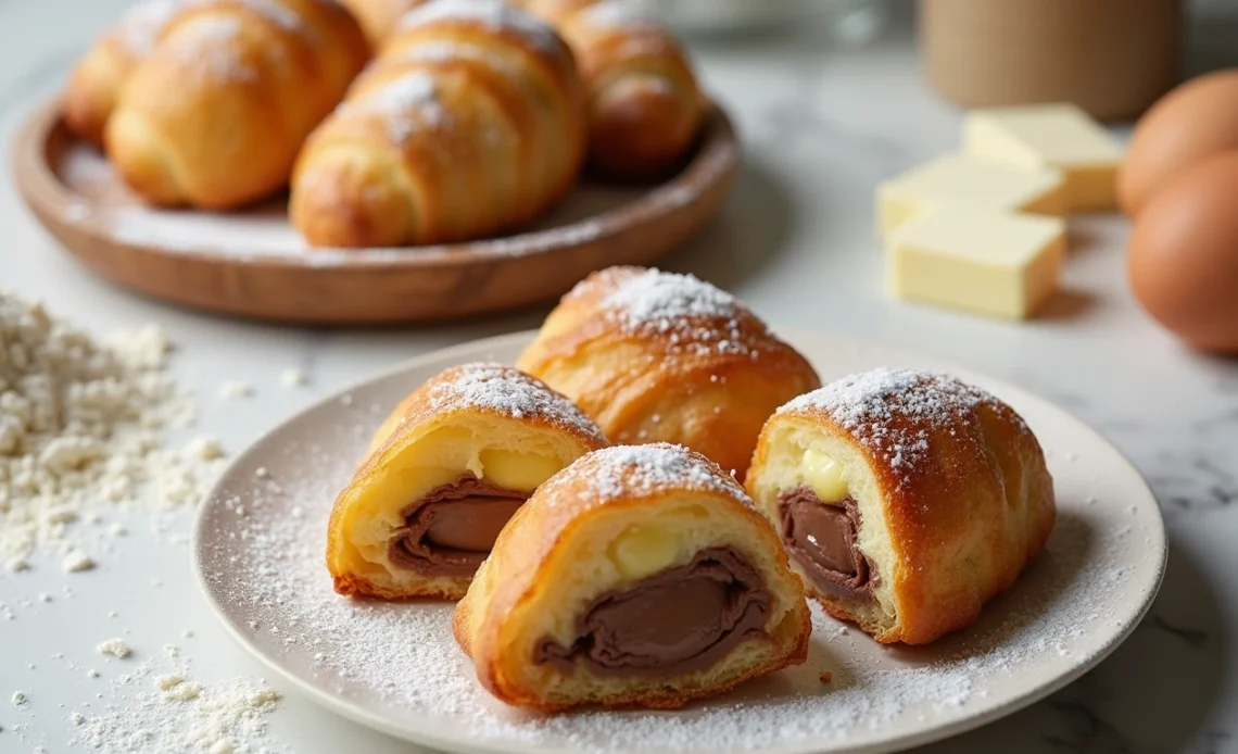 A freshly baked Cromboloni pastry with a crispy golden-brown shell, filled with rich cream, and dusted with powdered sugar.