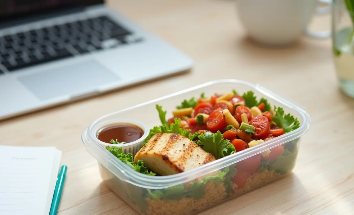 A variety of delicious homemade lunches, including fresh salads, sandwiches, and nutritious bowls, beautifully arranged on a wooden table.