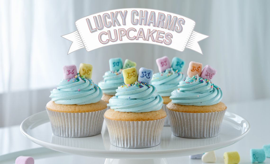 Colorful Lucky Charms cupcakes topped with marshmallows and rainbow sprinkles, perfect for celebrations.