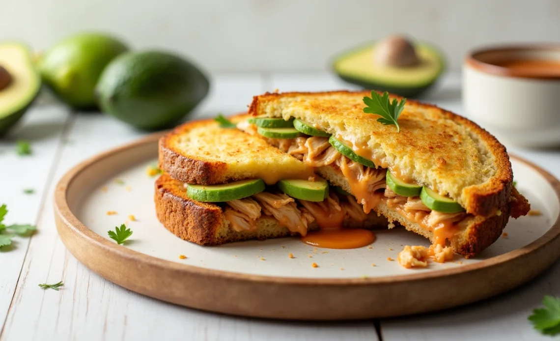 A toasted sandwich filled with shredded chipotle chicken, creamy avocado, and melted cheese, served on a wooden plate with a side of dipping sauce.