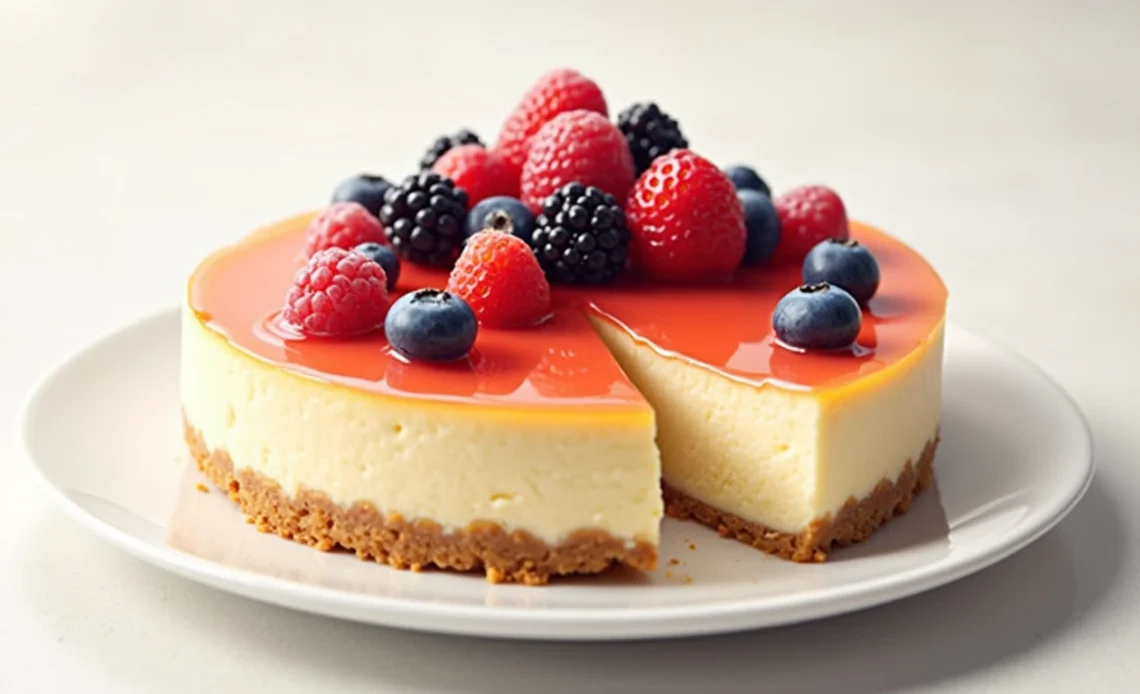 A creamy, no-bake cheesecake with a buttery graham cracker crust, topped with fresh berries and a drizzle of sauce.