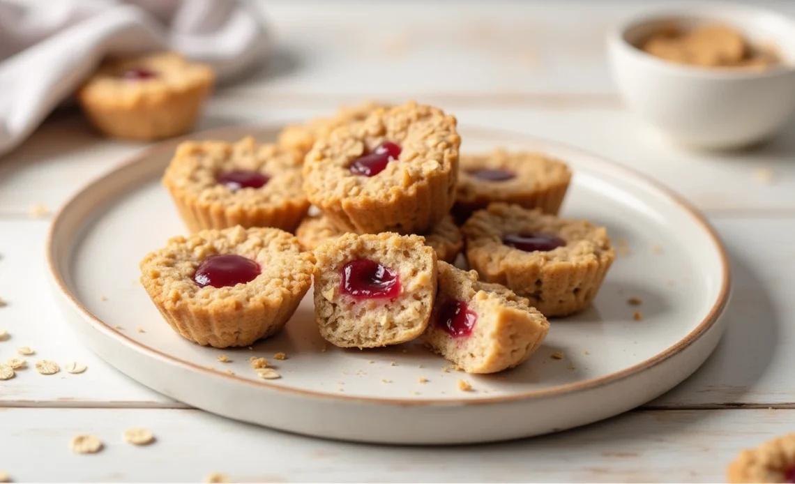 A batch of freshly baked peanut butter and jelly oatmeal cups, topped with a dollop of fruit jam and a drizzle of peanut butter.