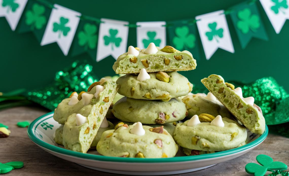 Soft and chewy pistachio pudding cookies with green sprinkles, perfect for St. Patrick’s Day celebrations.