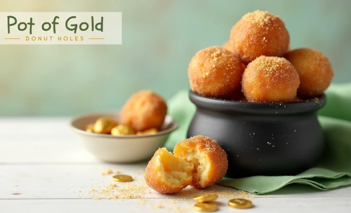 A bowl of golden, sugar-coated donut holes arranged to resemble a pot of gold, perfect for St. Patrick’s Day.