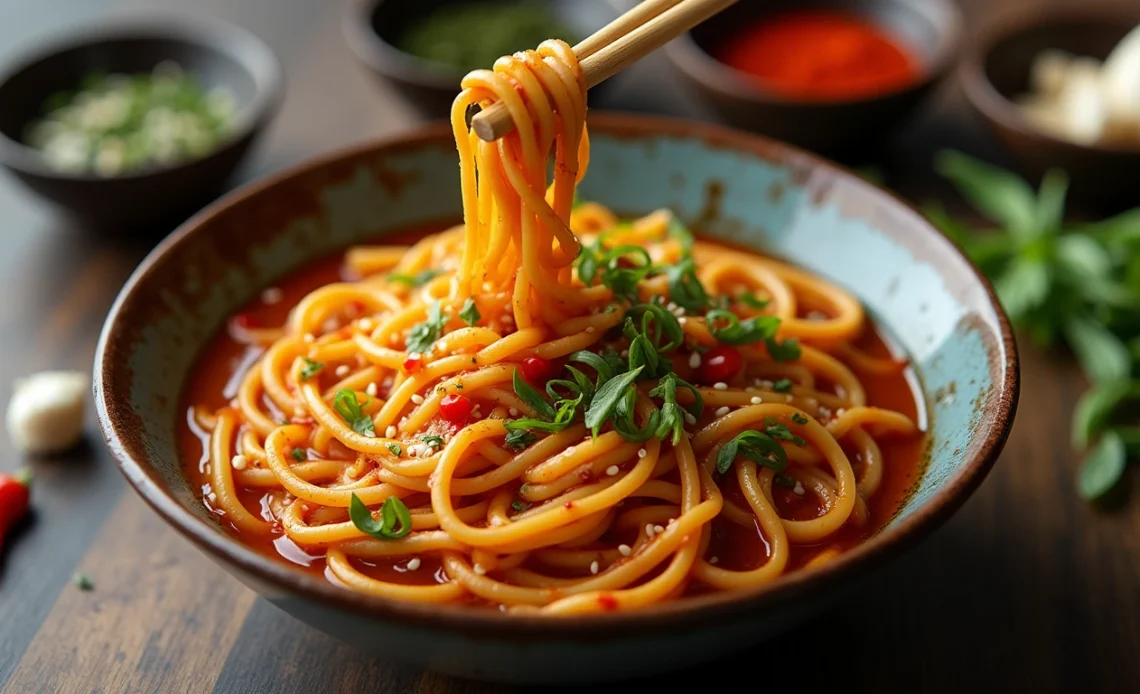 A bowl of spicy garlic noodles garnished with chopped green onions, red pepper flakes, and sesame seeds, served with chopsticks.