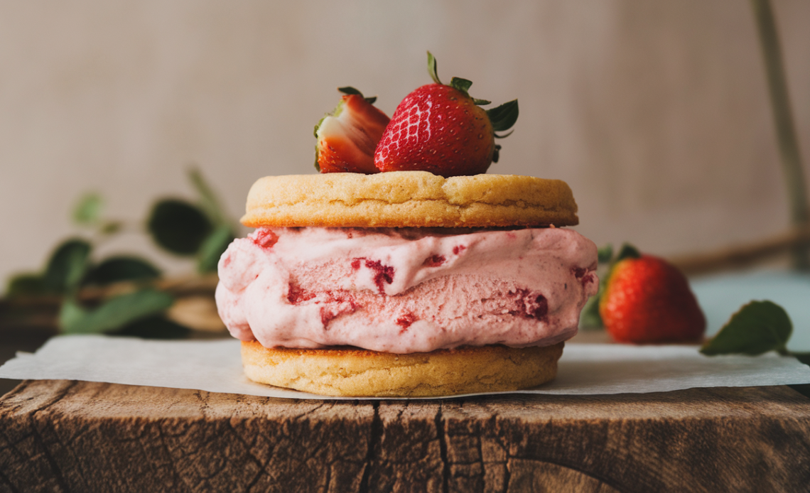 A delicious strawberry ice cream sandwich with creamy pink strawberry ice cream between two golden, chewy cookies.