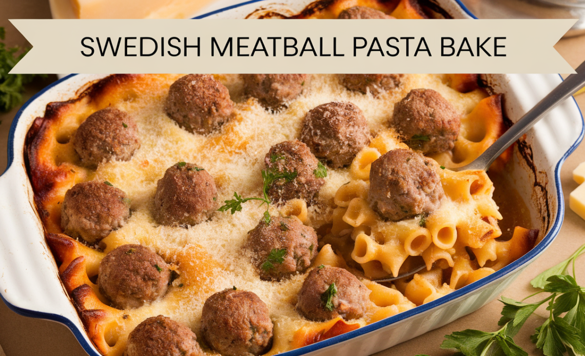 A creamy Swedish meatball pasta bake in a white casserole dish, topped with melted cheese and garnished with fresh parsley.