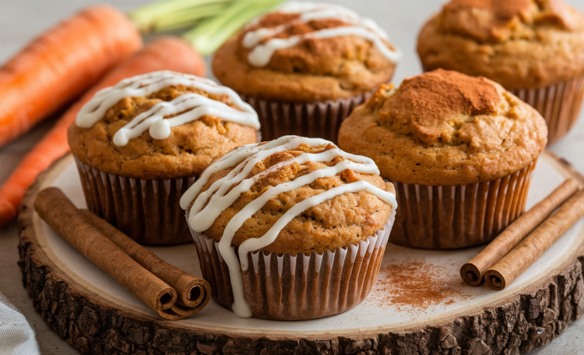 Freshly baked carrot muffins with a golden-brown top, sprinkled with chopped walnuts and a hint of cinnamon, served on a rustic wooden tray.