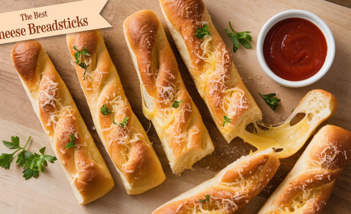 Golden, cheesy breadsticks with a crispy crust and gooey melted cheese, served with marinara sauce on a wooden board.