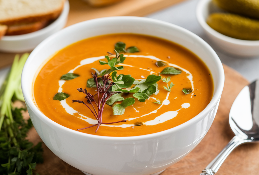 Leckere Karotten-Ingwer-Suppe in einer weißen Schüssel mit frischen Kräutern und einem Spritzer Zitronensaft, perfekt für gesunde Mahlzeiten