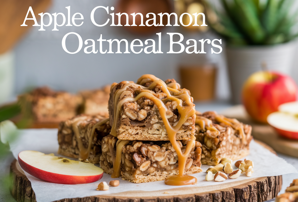 Leckere Apple Cinnamon Oatmeal Bars auf einem Holzbrett, garniert mit frischen Apfelscheiben und Zimtstreuseln – der perfekte gesunde Snack für jeden Anlass. #AppleCinnamonOatmealBars #GesundeRezepte