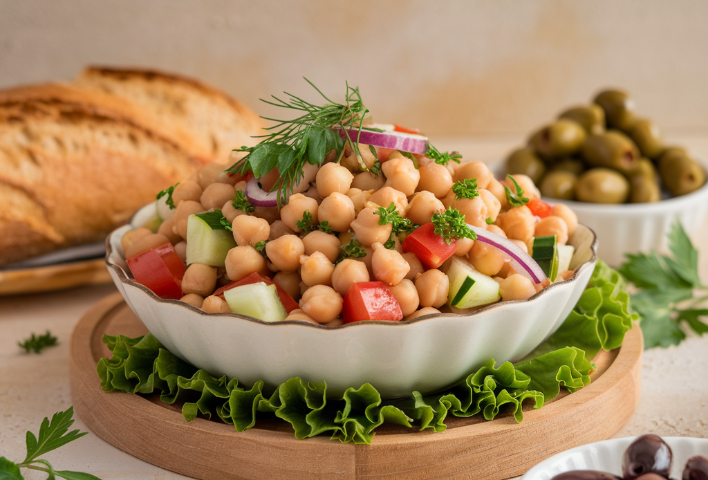 Leckerer Mediterraner Kichererbsen-Salat mit frischem Gemüse, cremigem Feta und knackigen Kichererbsen in einer Schüssel angerichtet – perfekt für gesunde Mahlzeiten.