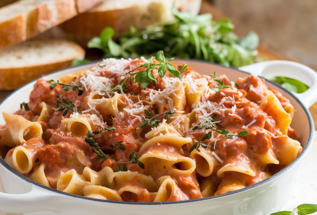 Eine dampfende Schüssel mit One-Pot Creamy Tomato Pasta, garniert mit frischem Basilikum und geriebenem Parmesan. Die cremige Tomatensauce umhüllt perfekt die al dente gegarten Nudeln, während knackiges Gemüse wie Zucchini und Cherrytomaten Farbe und Geschmack hinzufügen