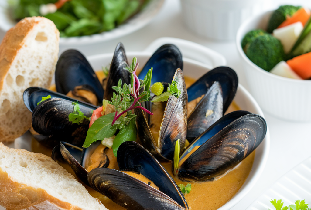 Coconut Curry Miesmuscheln mit knusprigem Brot – saftige Miesmuscheln in einer cremigen Kokos-Curry-Sauce, serviert mit warmem, knusprigem Brot zum Eintauchen, perfekt für ein exotisches Dinner.
