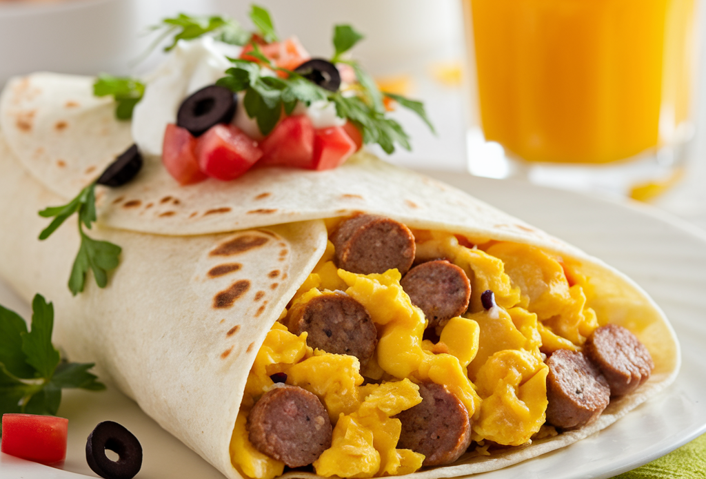 Ein leckerer Frühstücks-Burrito mit Rührei und Wurst, in eine weiche Tortilla gewickelt und mit frischem Gemüse und Käse gefüllt. Perfekt für ein herzhaftes Frühstück oder einen schnellen Snack.