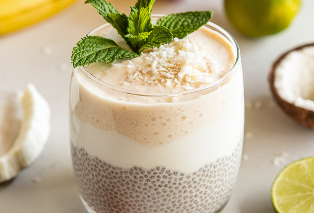 Coconut Chia Smoothie – ein cremiger, tropischer Smoothie mit Kokosmilch, nährstoffreichen Chia-Samen und frischen Früchten, perfekt für gesunde Snacks oder Frühstücksideen