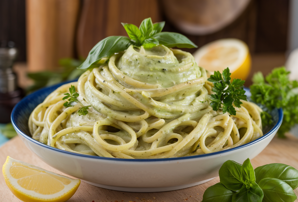 Leckere Cremige Avocado-Pasta mit frischen Zutaten wie Avocado, Basilikum und Zitrone. Perfekt für eine schnelle, gesunde Mahlzeit! 🥑🍝 #CremigeAvocadoPasta #GesundeRezepte