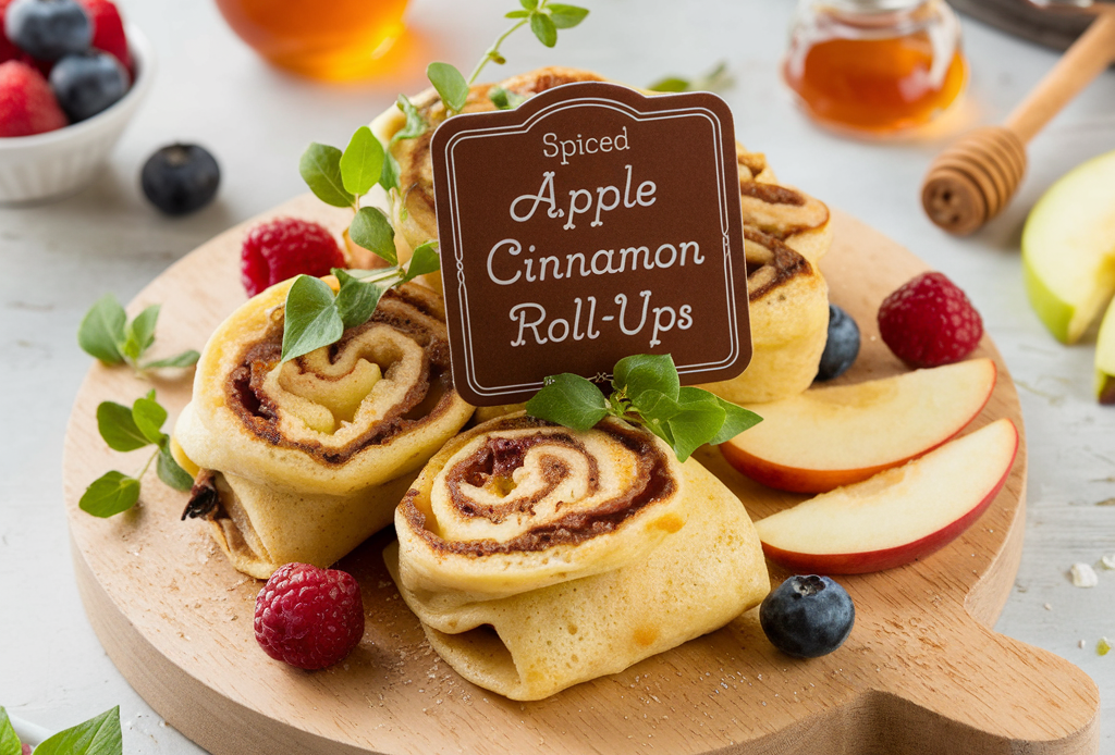 Spiced Apple Cinnamon Pancake Roll-Ups – gefüllte Pancakes mit süßen Äpfeln und Zimt, perfekt für ein herbstliches Frühstück oder Dessert.