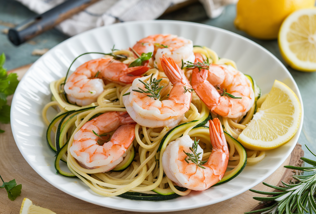 Garlic Butter Shrimp Scampi with Zucchini Noodles – saftige Garnelen in cremiger Knoblauchbutter-Sauce, serviert mit gesunden Zucchini-Nudeln, perfekt für ein schnelles und gesundes Abendessen.